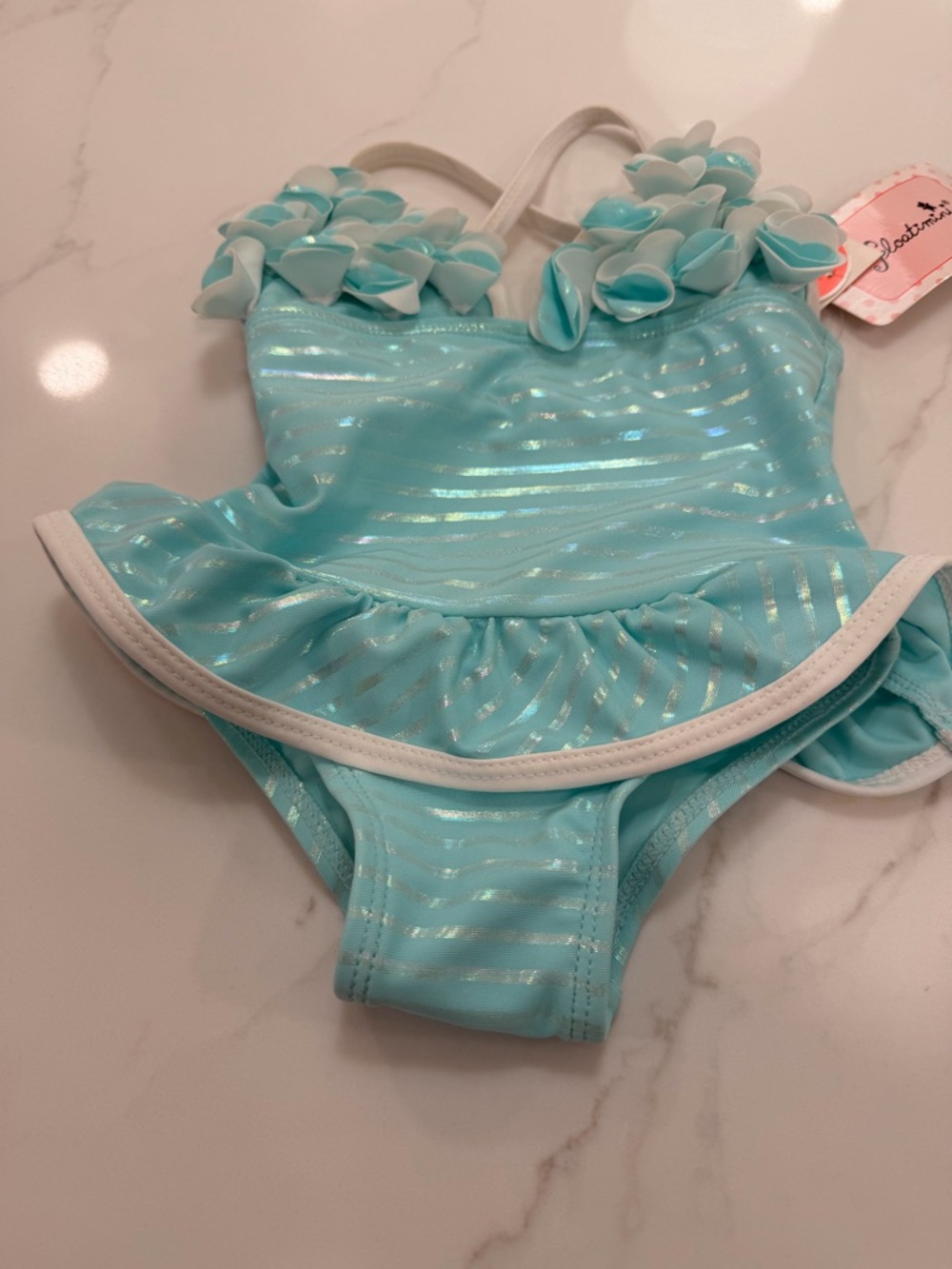 Floatimini Aqua Blue Girls' One-Piece Swimsuit with Floral Trim